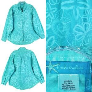 Fresh Produce Shirt Button Up Long Sleeve Size Large L Blue Teal Floral Tropical